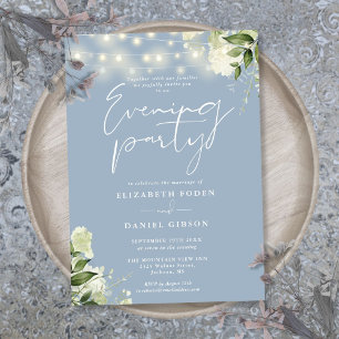 Dusty Blue Greenery Lights Wedding Evening Party Invitation