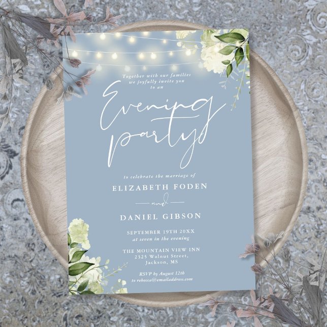 Dusty Blue Greenery Lights Wedding Evening Party Invitation (Dusty Blue Greenery Lights Wedding Evening Party Invitation)