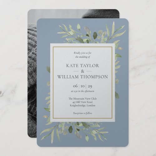 Dusty Blue Greenery Metallic Silver Photo Wedding Invitation