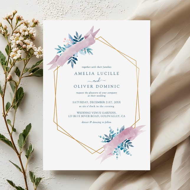 Dusty Blue Greenery Modern Gold Geometric Wedding Invitation (Creator Uploaded)