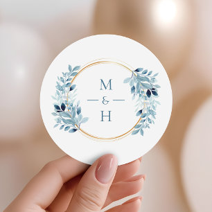 Dusty Blue Greenery Modern Monogram Wedding Classic Round Sticker