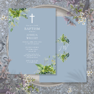 Dusty Blue Greenery Monogram Baptism Christening Invitation
