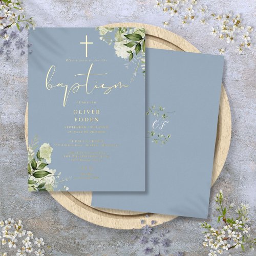 Dusty Blue Greenery Monogram Baptism Gold Foil Invitation