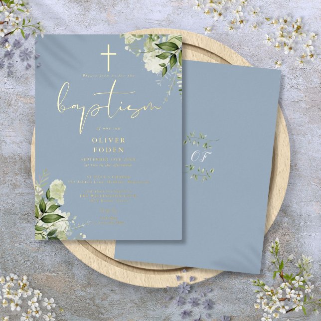 Dusty Blue Greenery Monogram Baptism Gold Foil Invitation (Dusty Blue Greenery Monogram Baptism Gold Foil Invitation)