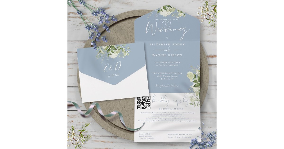 Dusty Blue Greenery Monogram QR Code Wedding All In One Invitation | Zazzle