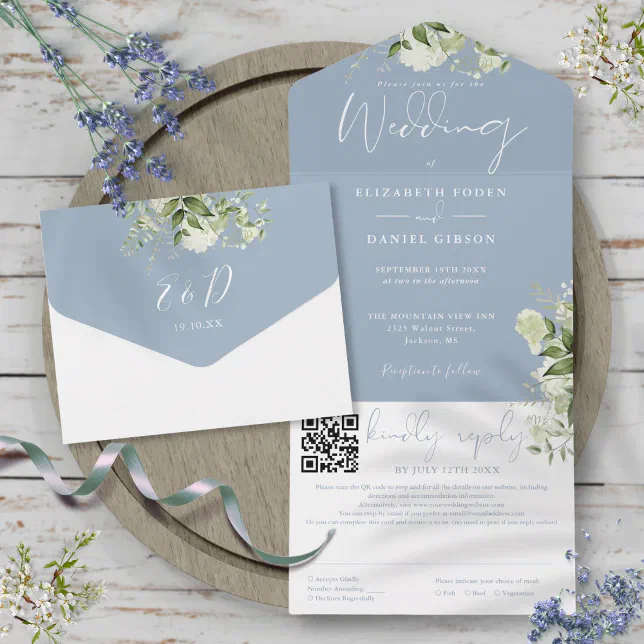 Dusty Blue Greenery Monogram QR Code Wedding All In One Invitation | Zazzle