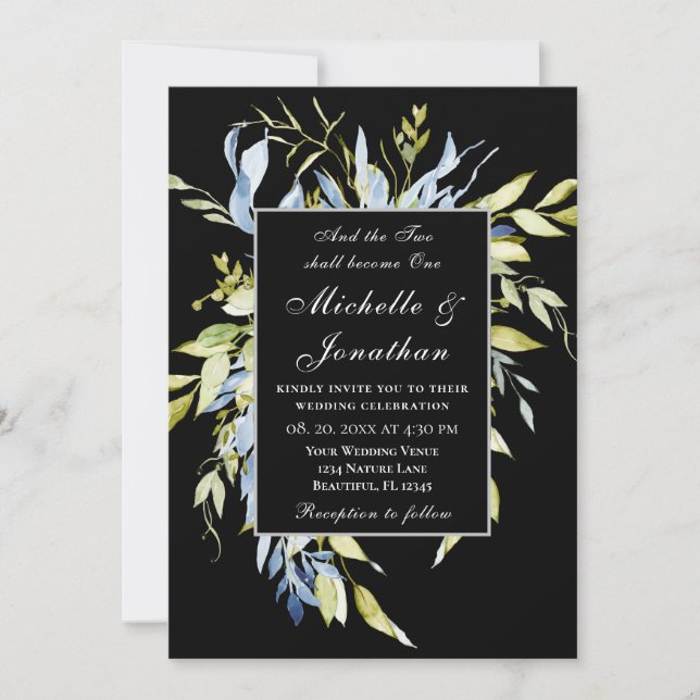 Dusty Blue Greenery on Black Christian Wedding Invitation (Front)