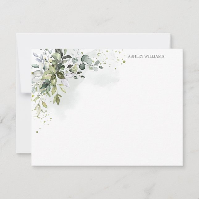 Dusty Blue Greenery Personalized Stationery Note Card (Front)