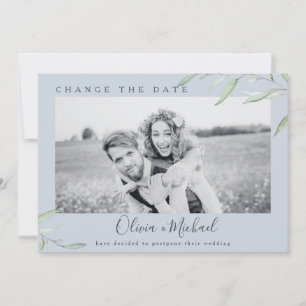 Dusty blue greenery photo change the date invitation