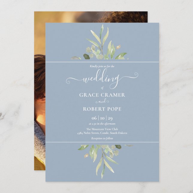 Dusty Blue Greenery Photo Gold Script Wedding Invitation (Front/Back)
