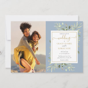 Dusty Blue Greenery Photo Gold Script Wedding Invitation