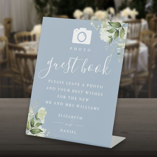 Dusty Blue Greenery Photo Guest Book Wedding Pedestal Sign (Dusty Blue Greenery Photo Guest Book Wedding Pedestal Sign)