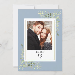 Dusty Blue Greenery Photo Table Number