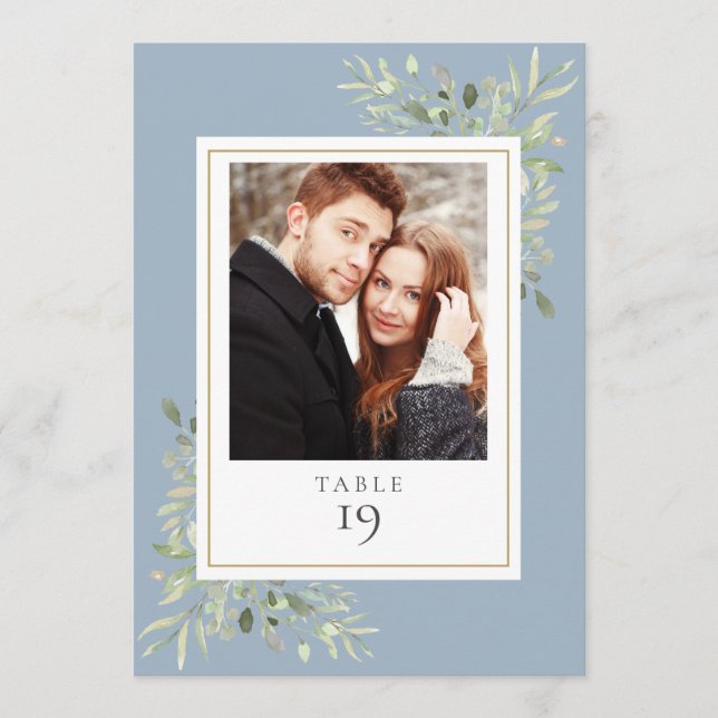 Dusty Blue Greenery Photo Table Number (Front)