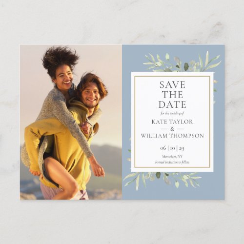 Dusty Blue Greenery Photo Wedding Save The Date Announcement Postcard