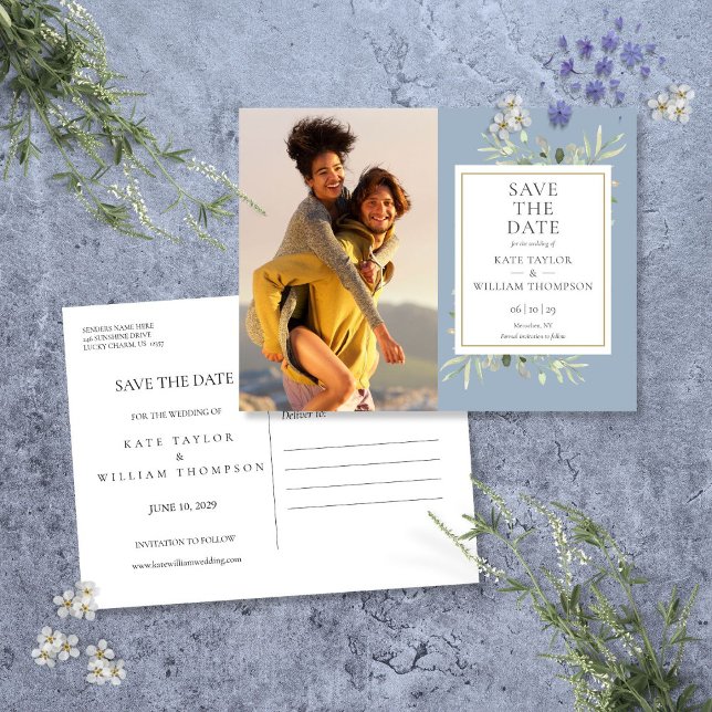 Dusty Blue Greenery Photo Wedding Save The Date Announcement Postcard (Dusty Blue Greenery Photo Wedding Save The Date Announcement Postcard)