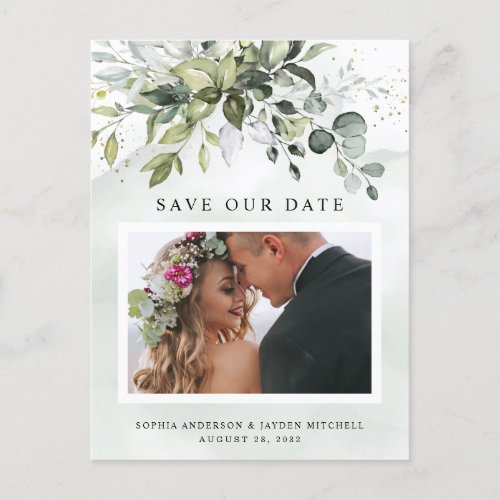 Dusty Blue Greenery Photo Wedding Save the Date Postcard - Design features a bouquet of watercolor greenery, eucalyptus and a succulent over a dusty blue watercolor splash. Design also features specks of painted (printed) gold and green. Change the demo couple's photo to your very own.  View the collection link on this page to see all of the matching items in this beautiful design.