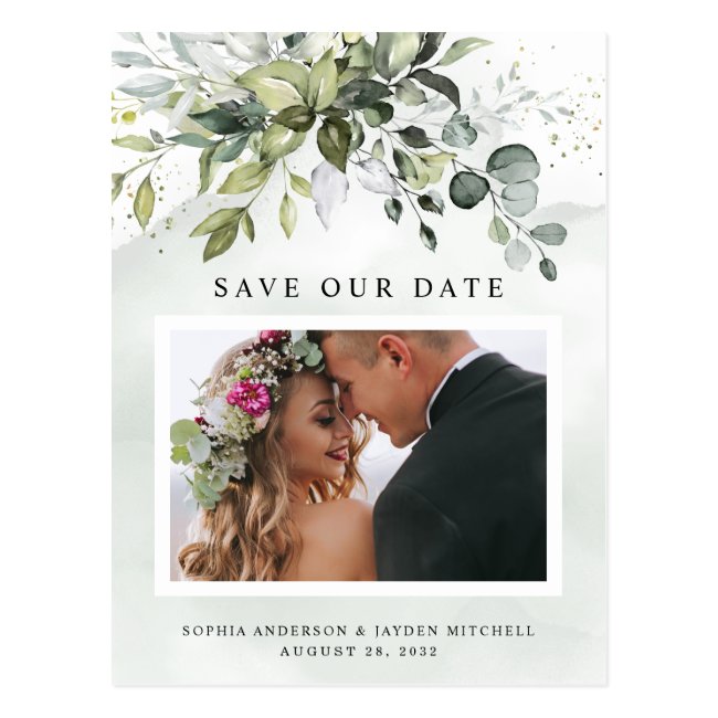 Dusty Blue Greenery Photo Wedding Save the Date Postcard