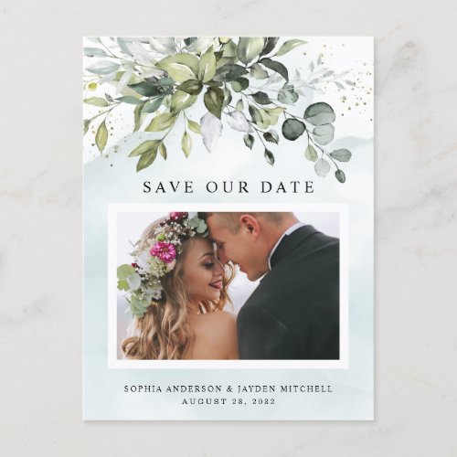 Dusty Blue Greenery Photo Wedding Save the Date Postcard - Change the demo couple's photo to your very own.  This design is available with two different dusty blue shades.  One option is more dustier than the other and leans towards a gray-dusty blue.  This one that you are currently viewing leans more towards blue for the watercolor splashes.  Compare each on-screen preview for a perfect match when it comes to your wedding shade since there are different variations of this popular color.  Design features a bouquet of watercolor greenery, eucalyptus and a succulent over a dusty blue watercolor splash. Design also features specks of painted (printed) gold and green.  This is a direct link to the full collection that has all matching watercolor splashes in this shade: https://bit.ly/396usk1