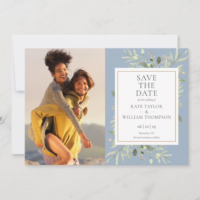 Dusty Blue Greenery Photos Wedding Save The Date (Front)