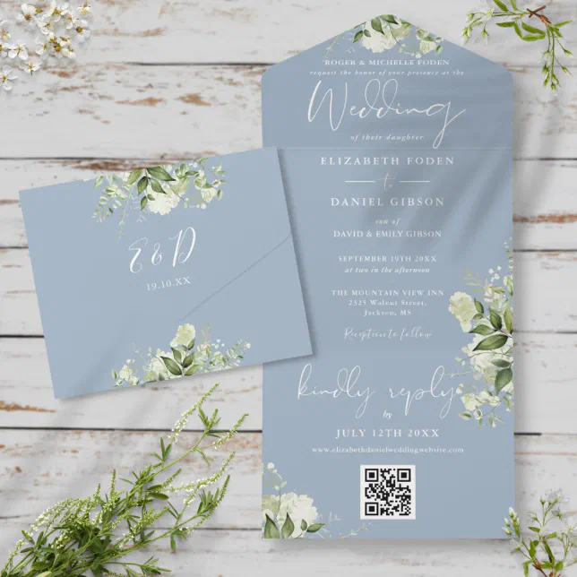 Dusty Blue Greenery QR Code Formal Wedding All In One Invitation | Zazzle