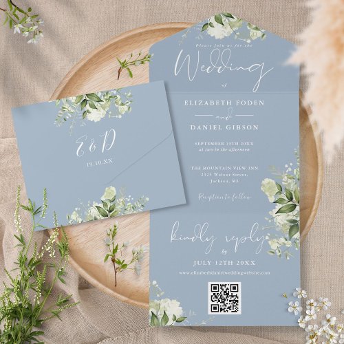 Dusty Blue Greenery QR Code Monogram Wedding All In One Invitation