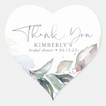 Dusty Blue Greenery Rose Gold Splatters Thank You Heart Sticker by lovelywow at Zazzle