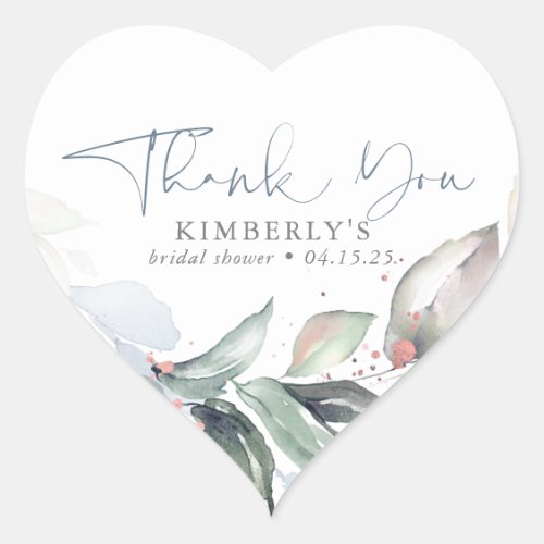 Dusty Blue Greenery Rose Gold Splatters Thank You Heart Sticker