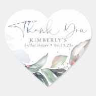 Dusty Blue Greenery Rose Gold Splatters Thank You Heart Sticker