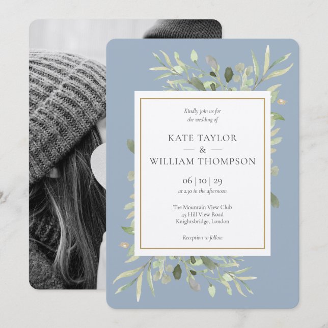 Dusty Blue Greenery Rustic Kraft Photo Wedding Invitation (Front/Back)