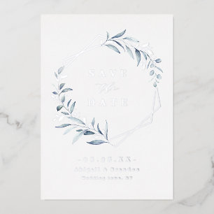 Dusty Blue Greenery Silver Geometric Save the date Foil Invitation
