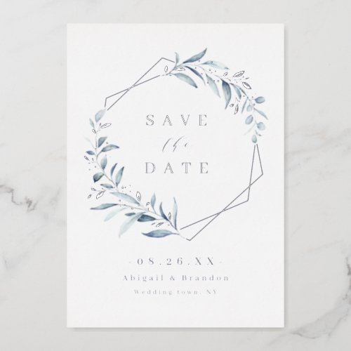 Dusty Blue Greenery Silver Geometric Save the date Foil Invitation