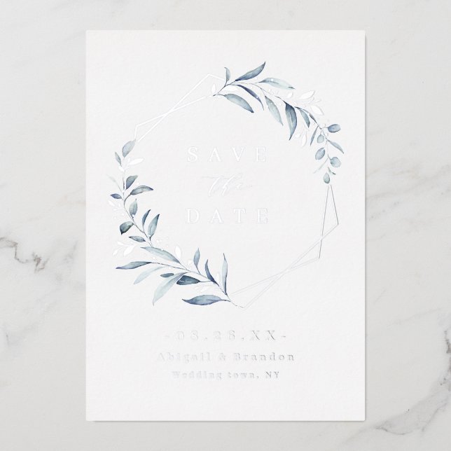Dusty Blue Greenery Silver Geometric Save the date Foil Invitation (Front)