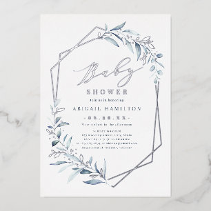 Dusty Blue Greenery Silver Rustic Baby Shower Foil Invitation