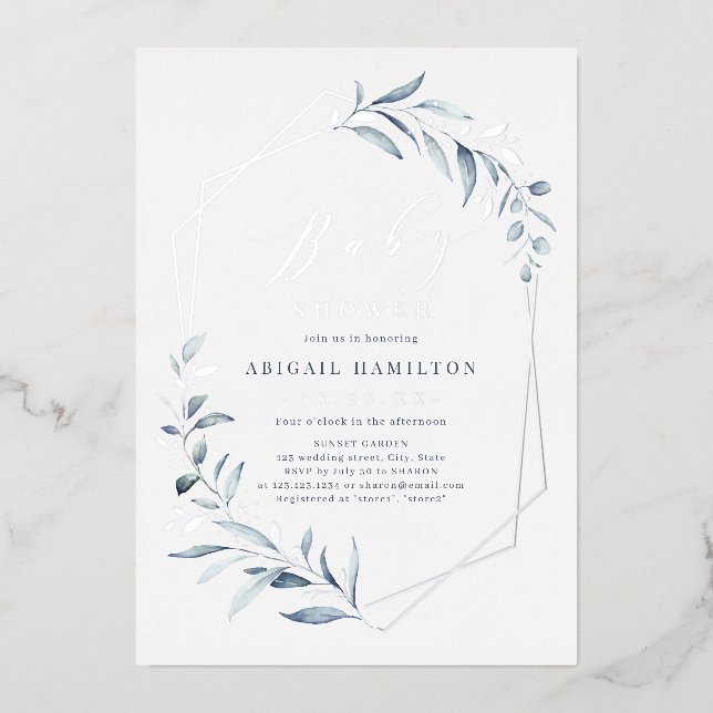 Dusty Blue Greenery Silver Rustic Baby Shower  Foil Invitation (Front)