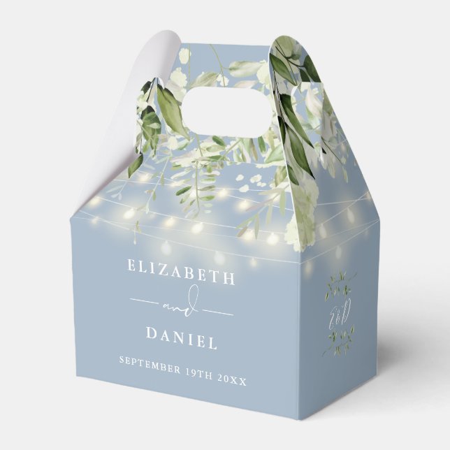Dusty Blue Greenery String Lights Monogram Wedding Favor Boxes (Front Side)