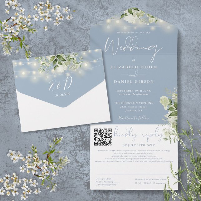 Dusty Blue Greenery String Lights QR Code Wedding All In One Invitation (Dusty Blue Greenery String Lights QR Code Wedding All In One Invitation)