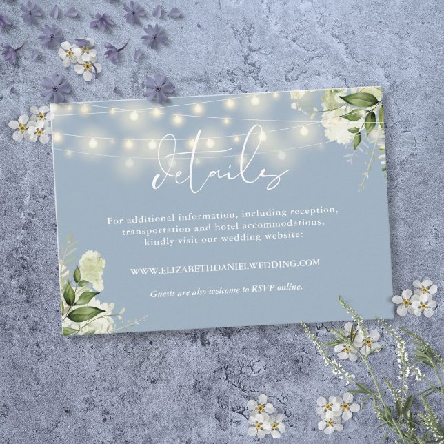 Dusty Blue Greenery String Lights Wedding Details Enclosure Card (Dusty Blue Greenery String Lights Wedding Details Enclosure Card)