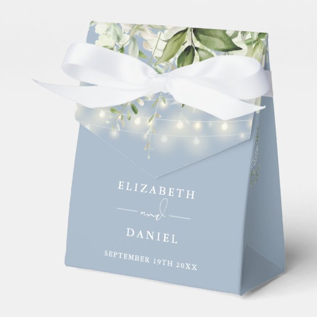 Dusty Blue Greenery String Lights Wedding Favor Boxes (Front Side)