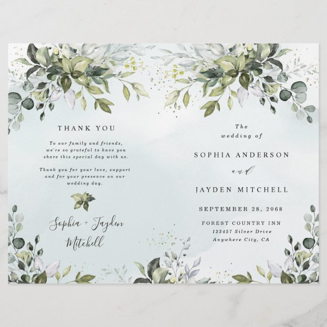 Dusty Blue Greenery Themed Folded Wedding Programs (Front)