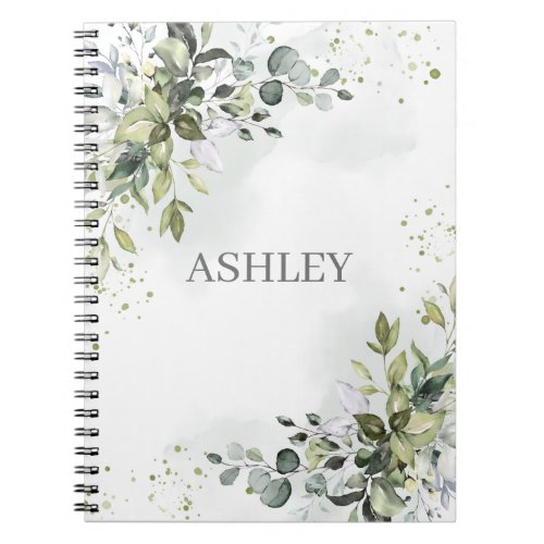 Dusty Blue Greenery Watercolor Personalized Name Notebook