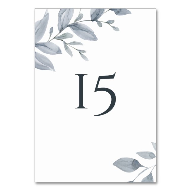 Dusty Blue Greenery Watercolor Table Number (Front)