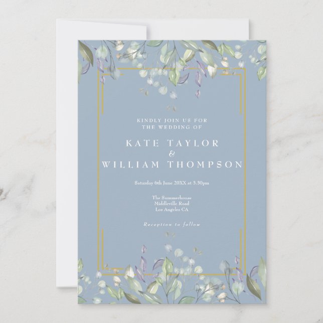 Dusty Blue Greenery Watercolour Floral Wedding Invitation (Front)