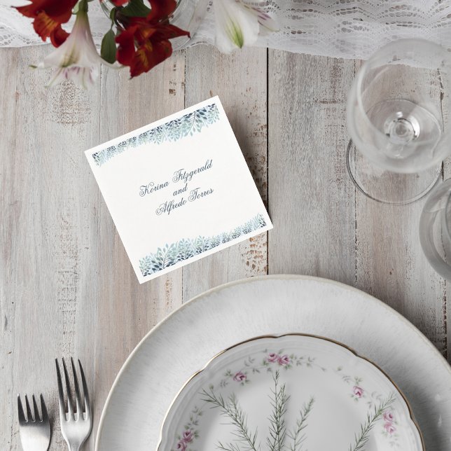 Dusty Blue Greenery Wedding Cocktail Napkin (Creator Uploaded)
