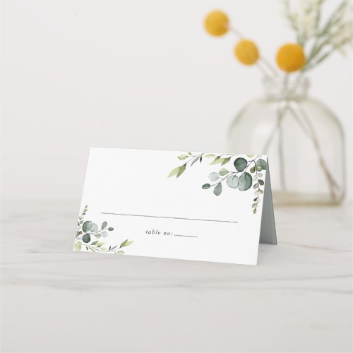 Dusty Blue Greenery Wedding Folded Place Card