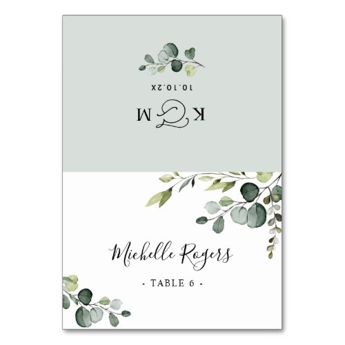 Dusty Blue Greenery Wedding Folded Place Cards