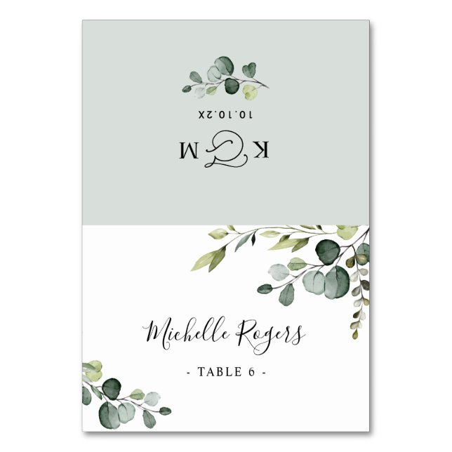 Dusty Blue Greenery Wedding Folded Place Cards (Front)