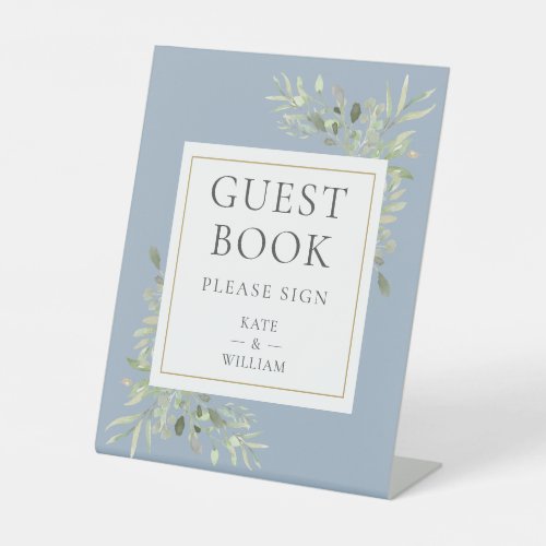 Dusty Blue Greenery Wedding Guest Book Pedestal Sign