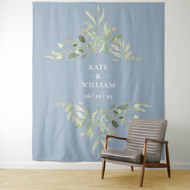 Dusty Blue Greenery Wedding Photo Booth Backdrop (In Situ)