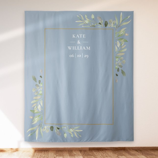 Dusty Blue Greenery Wedding Photo Booth Backdrop (Creator Uploaded)